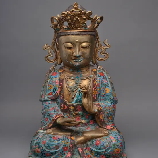 A large Gautama Buddha figure, bronze alloy enamel and gilt, late Qing Dynasty,